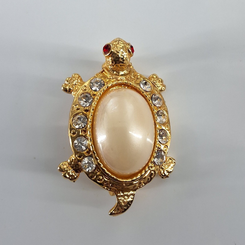 Vintage Gold Tone Turtle Brooch Faux Pearl Rhinestone Shell Red Eyes Pin